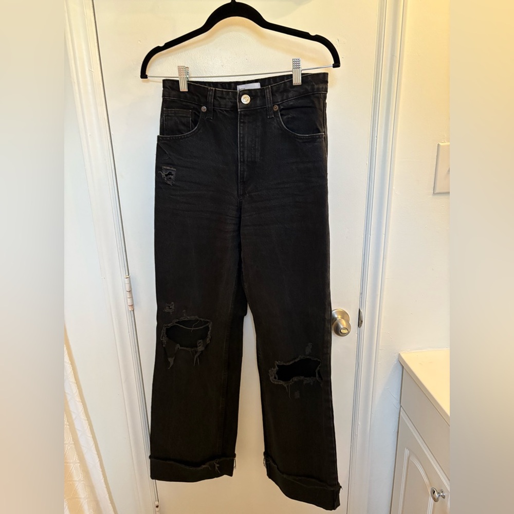 Zara Black TRF Ripped High-Rise Wide Leg Jeans